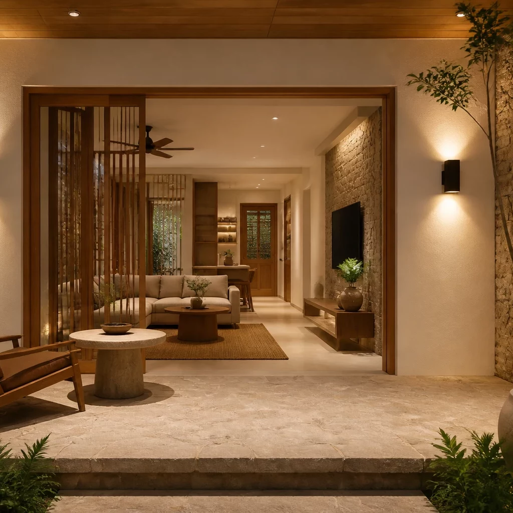 Nội thất gỗ óc chó chạm khắc trong không gian thờ cúng yên bình.