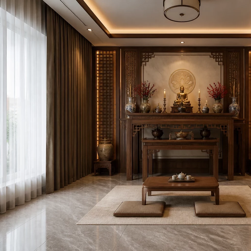 Nội thất gỗ óc chó trong phòng thờ truyền thống, chạm khắc tinh xảo và hương trầm.