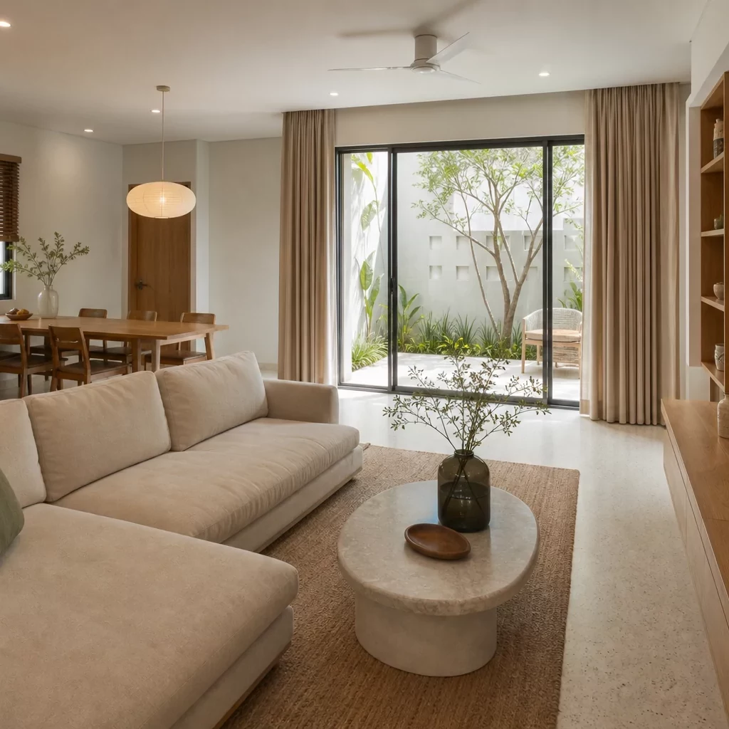 Mẫu nội thất nhà cấp 4 đẹp phong cách Tropical với sân vườn xanh mát