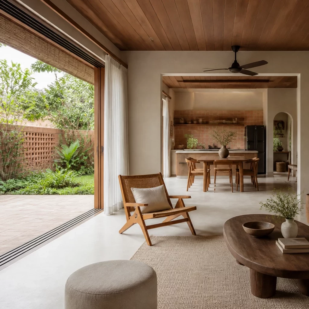 Nội thất nhà cấp 4 phong cách Wabi-Sabi với view nhìn ra thiên nhiên