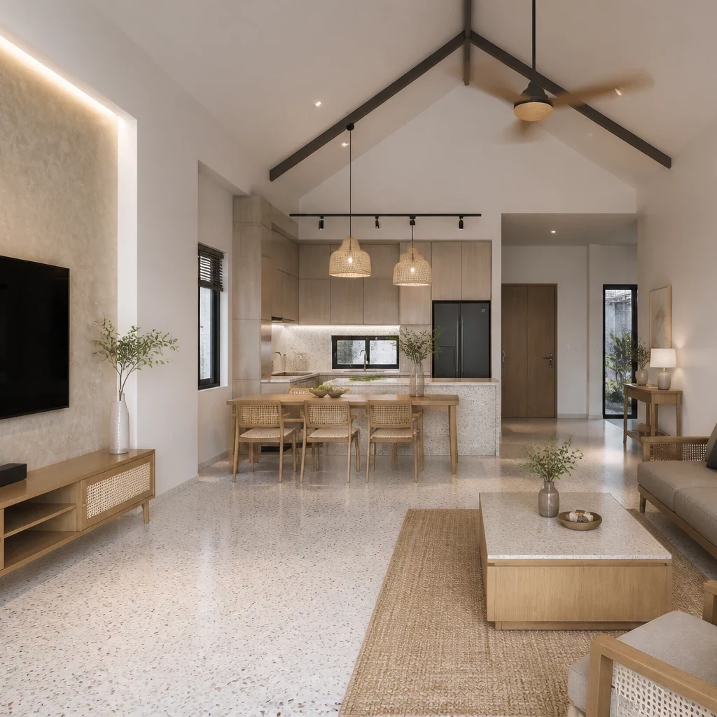 Thiết kế nội thất phòng khách nhà cấp 4 đẹp phong cách tối giản