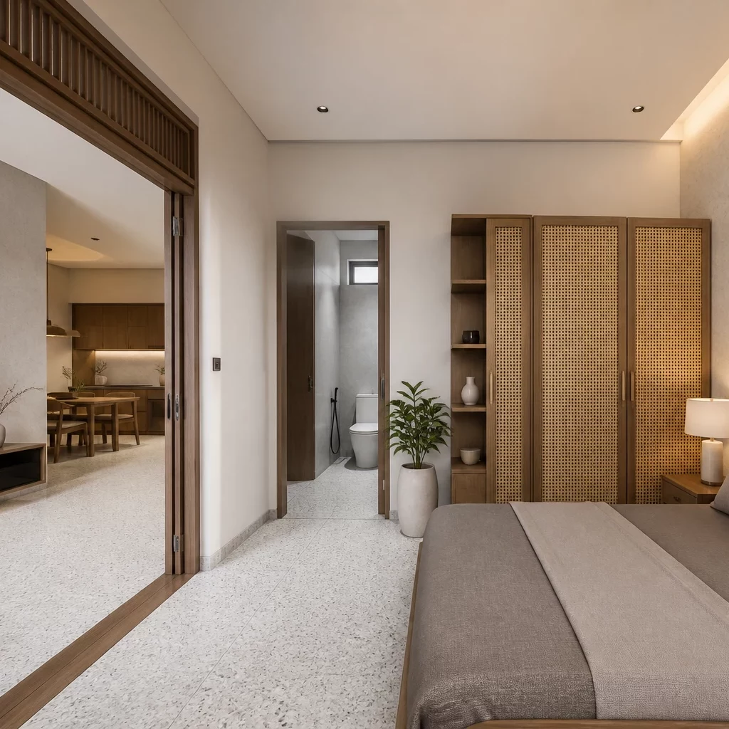 Mẫu nội thất nhà cấp 4 đẹp với phòng ngủ hiện đại liền kề không gian sống