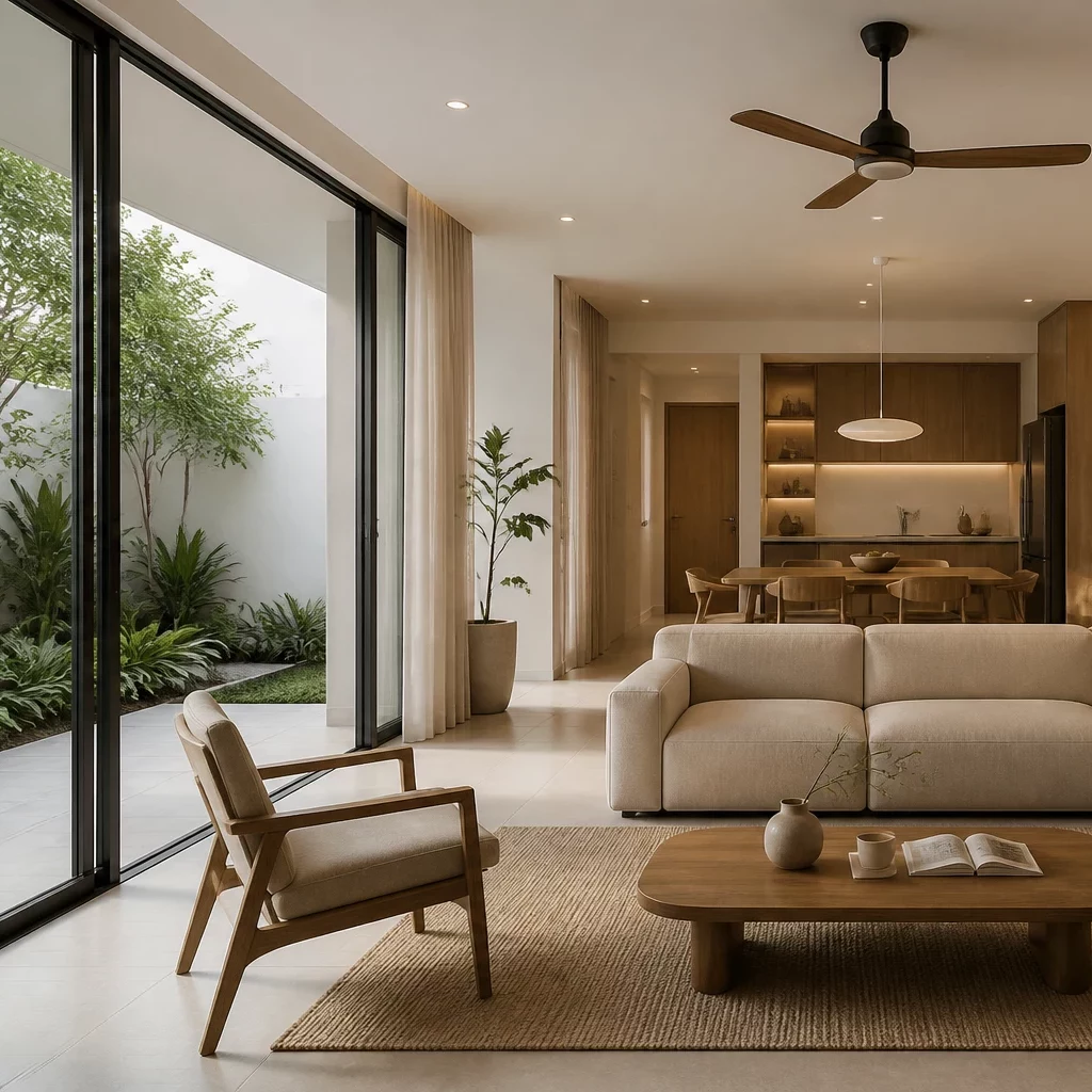 Mẫu nhà cấp 4 đẹp với nội thất phòng khách hiện đại thông thoáng