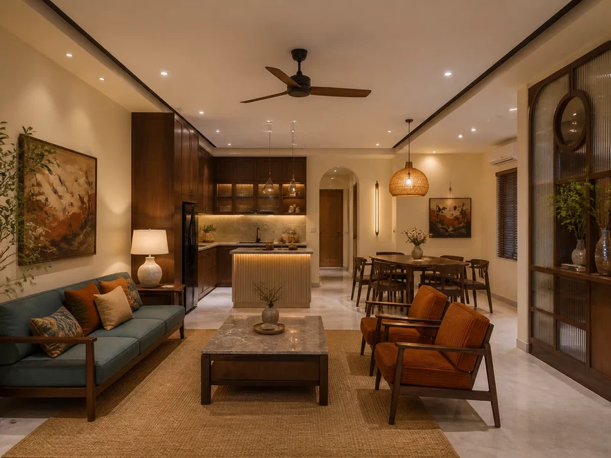 Nội thất phòng bếp 12m2 liên thông phòng khách hiện đại thoáng đãng