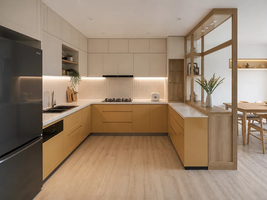 Nội thất phòng bếp 12m2 phong cách mộc mạc ấm cúng gần gũi