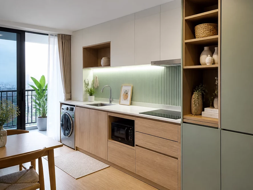 Thiết kế nội thất phòng bếp 12m2 hiện đại với tone trắng chủ đạo