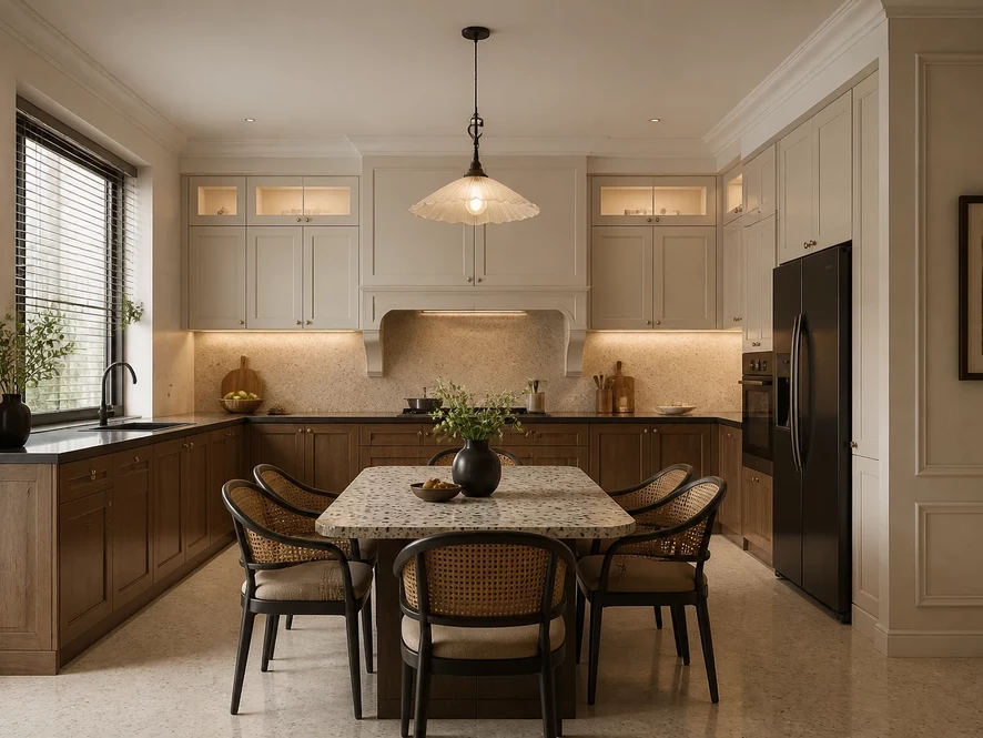 Nội thất phòng bếp 15m2 phong cách cổ điển với tủ chạm khắc tinh xảo