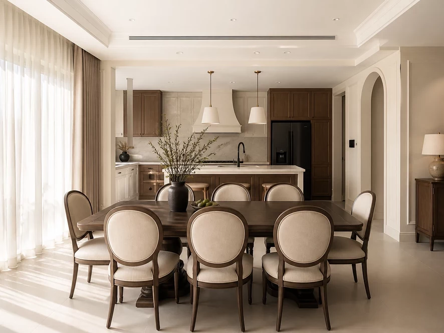 Mẫu phòng bếp 20m2 với hệ thống ánh sáng thông minh