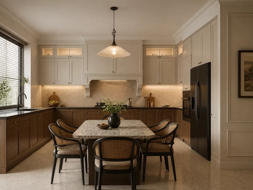 Mẫu nội thất phòng bếp 25m2 với layout chữ U và hệ thống tủ cao kịch trần