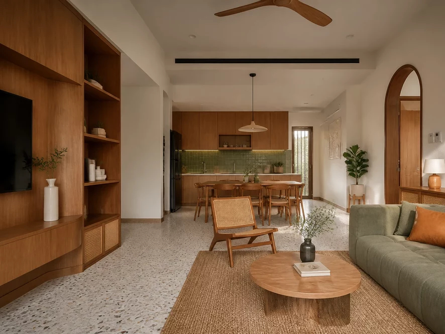 Nội thất phòng bếp 25m2 kết hợp phòng khách với quầy bar dài và hệ thống lưu trữ thông minh