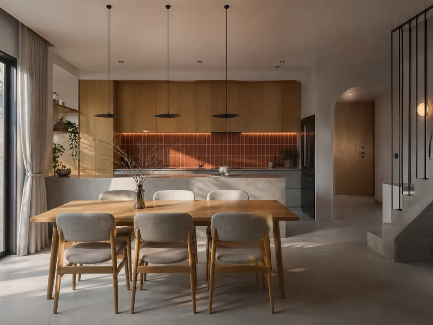 Phong cách công nghiệp trong nội thất phòng bếp 25m2 với hệ thống ống dẫn lộ thiên và đèn pha công nghiệp
