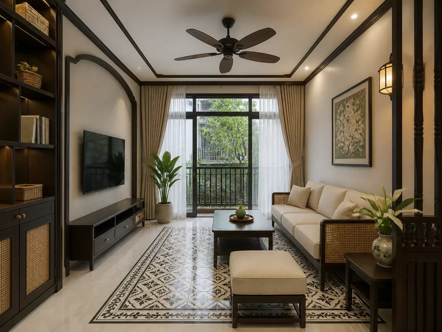 Phong cách Indochine nội thất phòng khách 20m2