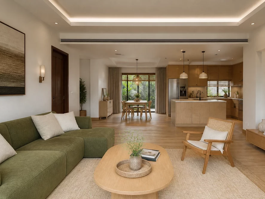 Không gian phòng khách liền kề giúp nội thất phòng khách 25m2 rộng hơn