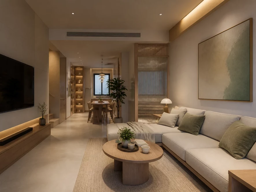 Nội thất phòng khách 40m2 phong cách Japandi Nhật Bắc Âu