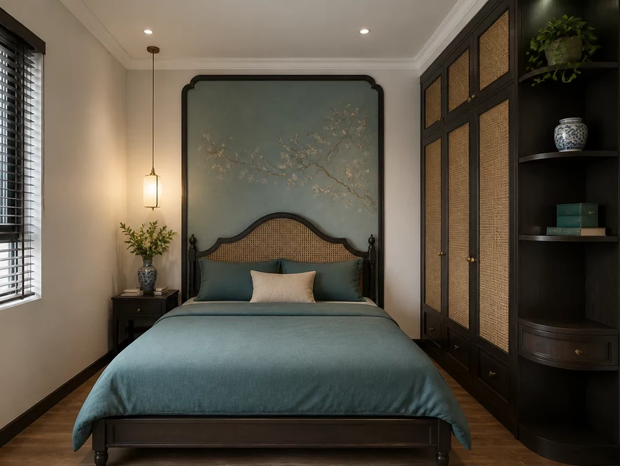 nội thất phòng ngủ 20m2 phong cách indochine cổ điển
