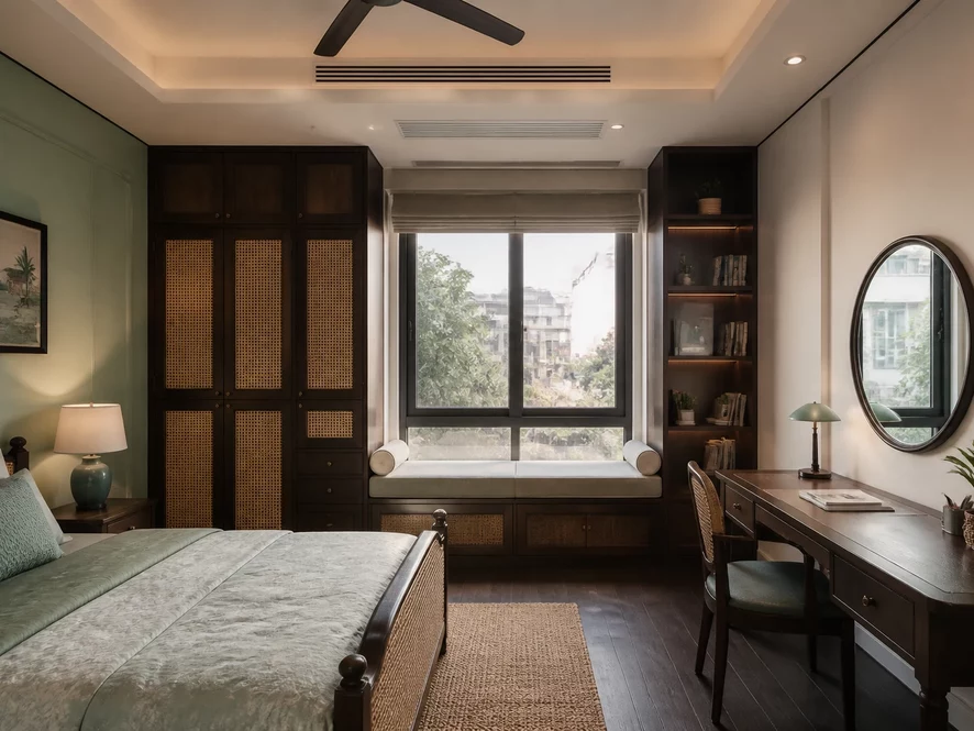 Thiết kế nội thất phòng ngủ 25m2 phong cách Indochine đậm chất Á Đông