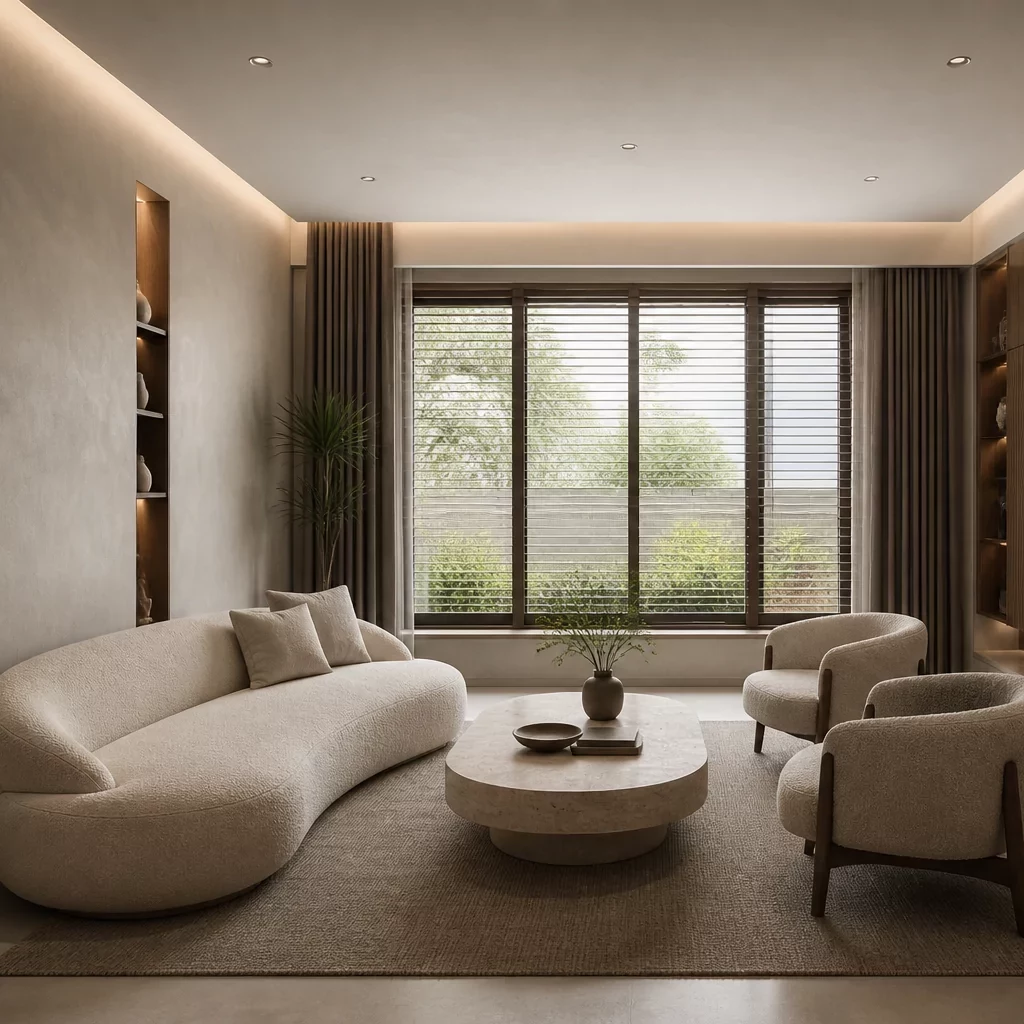 Nội thất tân cổ điển sang trọng với đèn chùm pha lê và sofa kem.