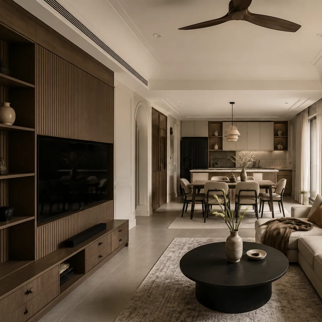 Nội thất tân cổ điển với sofa da, đồng hồ vàng và thảm caro.
