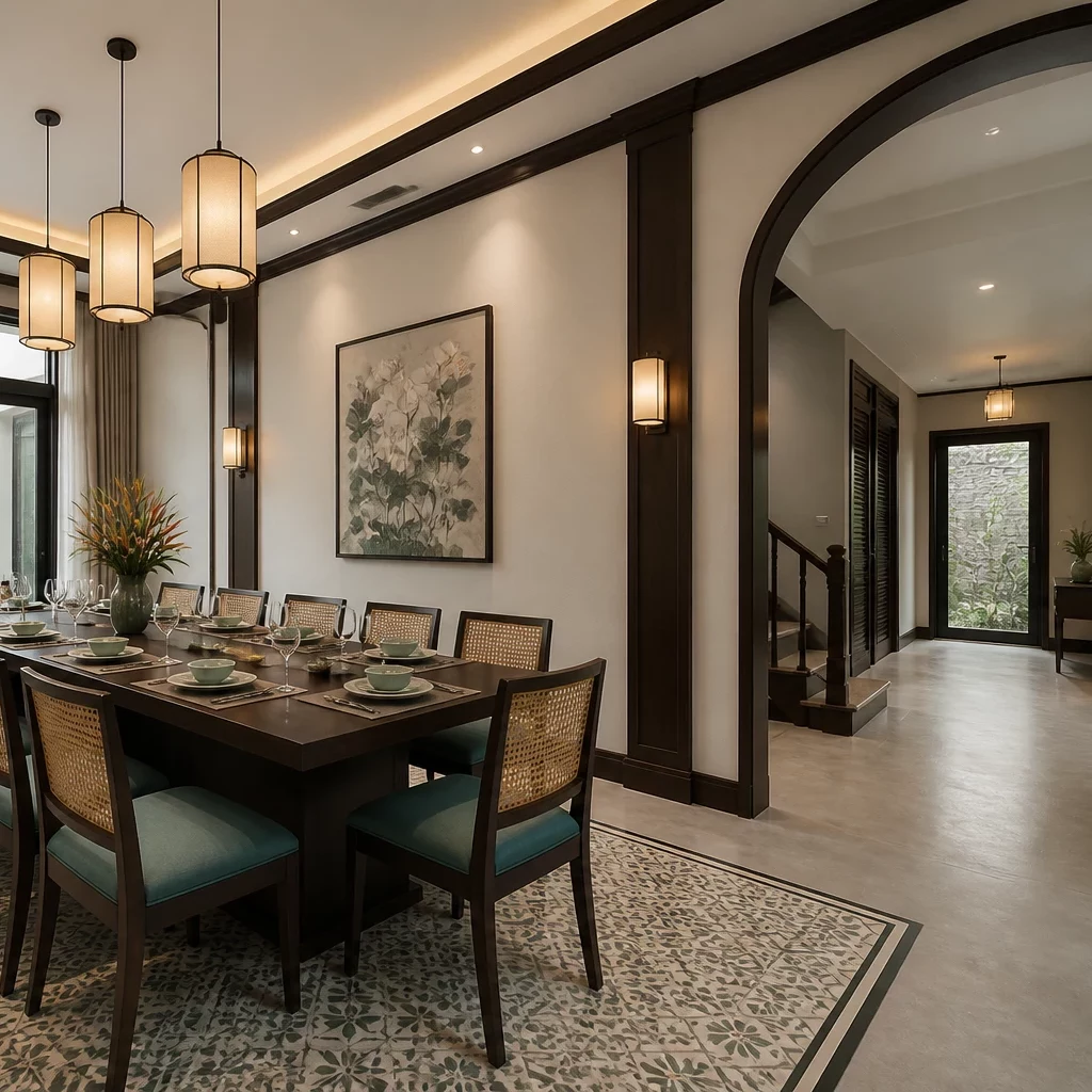 Nội thất tân cổ điển: tường cây xanh mát, sofa trắng và chậu treo gỗ.
