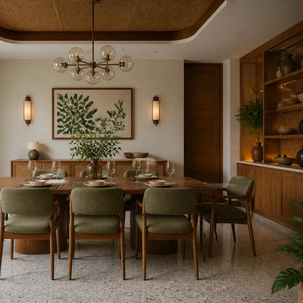 Nội thất tân cổ điển: tường trắng, đèn LED viền, sofa vải êm ái.