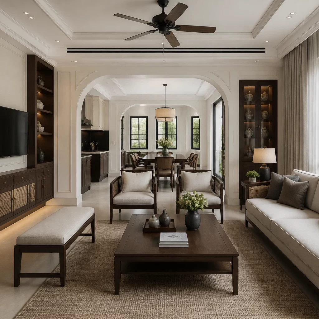 Nội thất tân cổ điển phòng khách với sofa kem và lò sưởi đá.