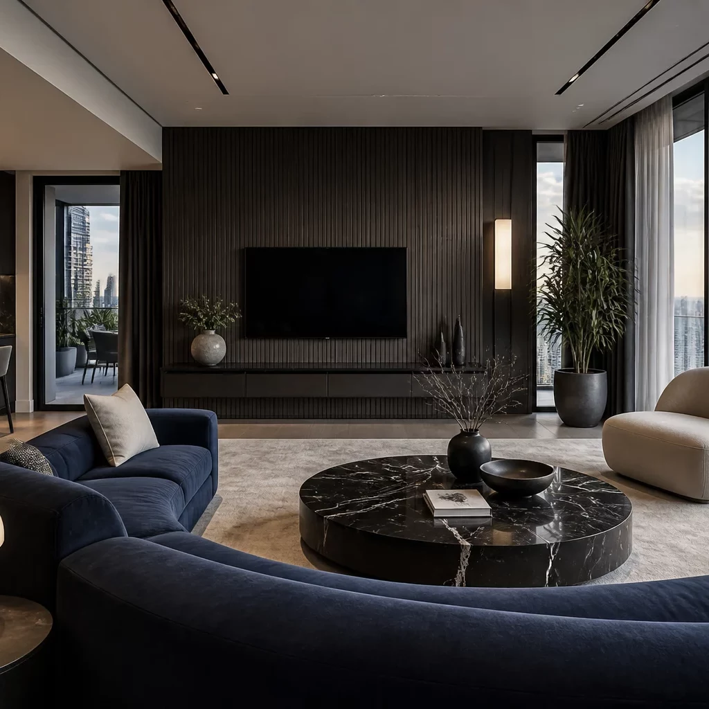 Nội thất tân cổ điển phòng khách sang trọng với sofa xanh navy.