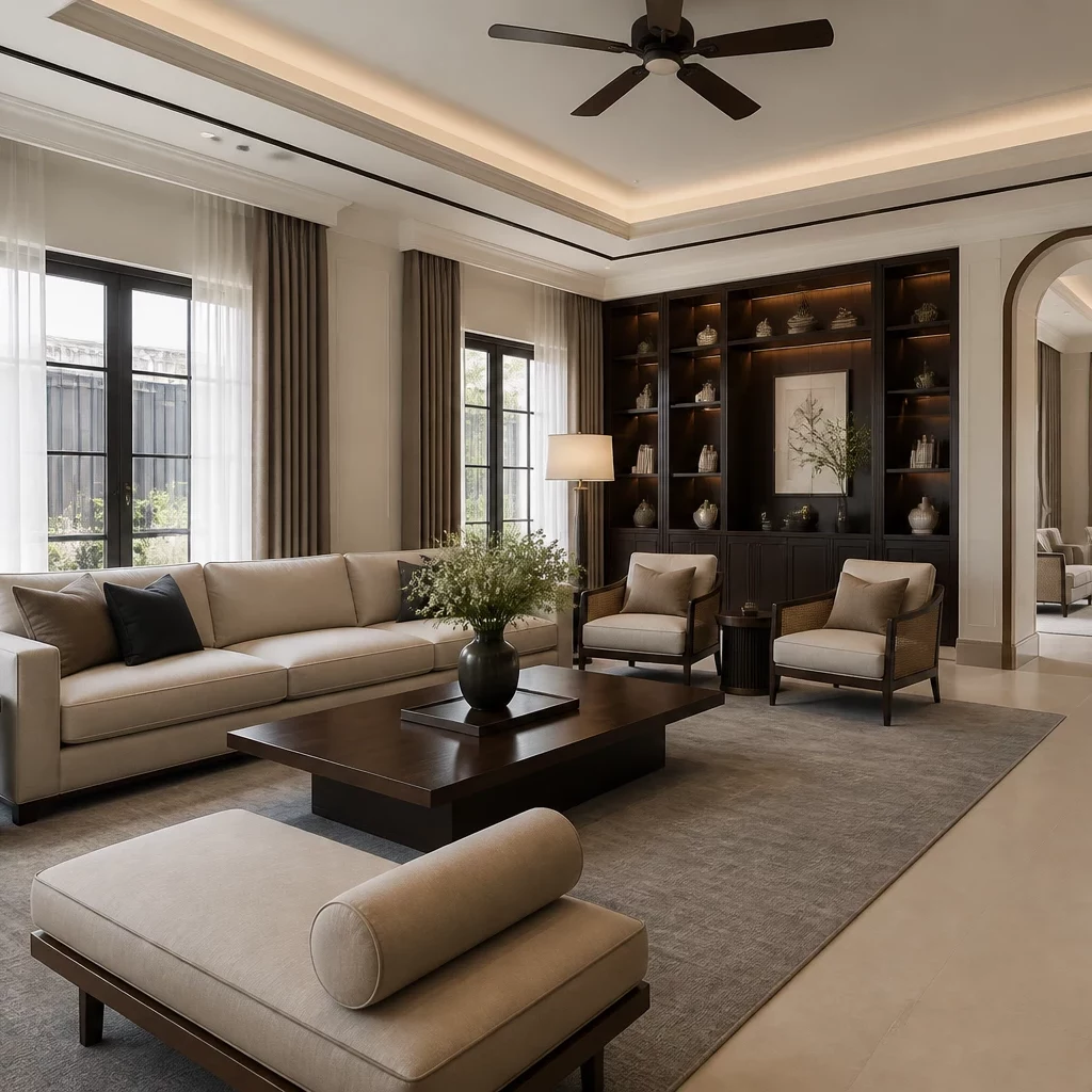 Nội thất tân cổ điển phòng khách ấm cúng.