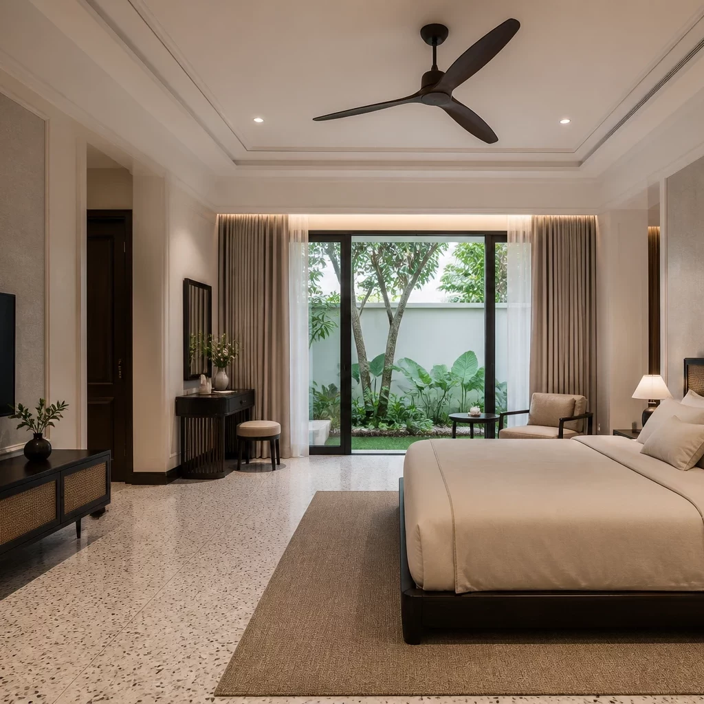 Nội thất tân cổ điển với sofa mây tre và trần gỗ ấm áp.