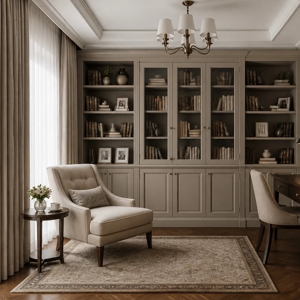 Nội thất tân cổ điển sang trọng với sofa kem và kệ sách vàng.