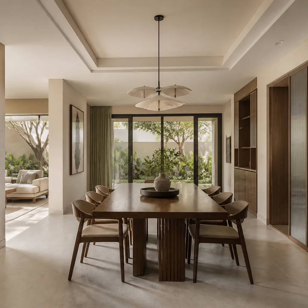 Nội thất tân cổ điển với sofa trắng, cây xanh và đèn chùm pha lê lung linh.