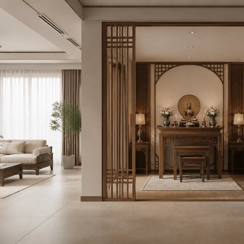 Nội thất tân cổ điển với tường vỡ và chất liệu tự nhiên.