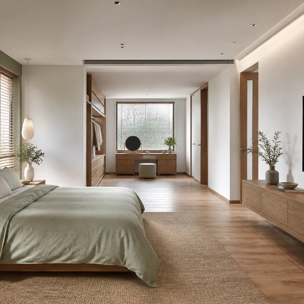 Nội thất tân cổ điển phòng ngủ sang trọng với vải lụa xanh.