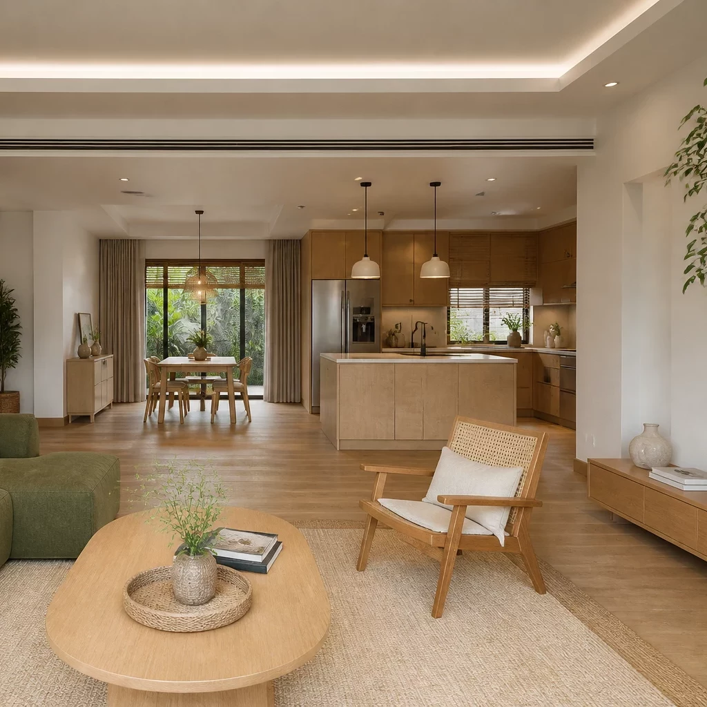 Thiết kế bếp đơn giản liên thông phòng khách