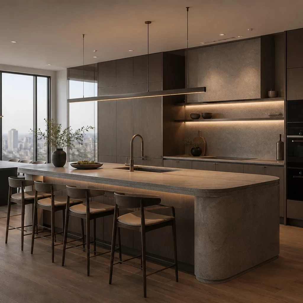 Mẫu phòng bếp hiện đại đẹp trong penthouse sang trọng