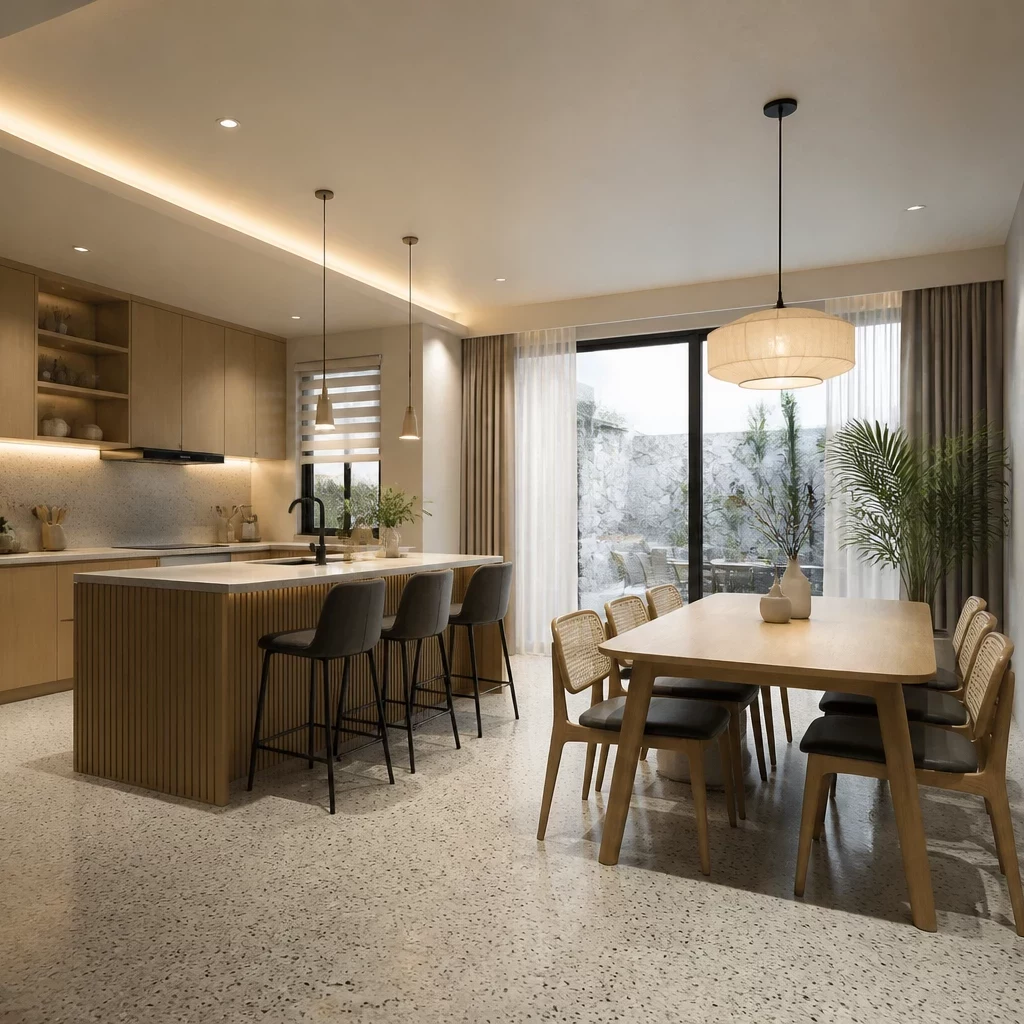 Thiết kế phòng bếp nhà ống mở liên thông tối giản