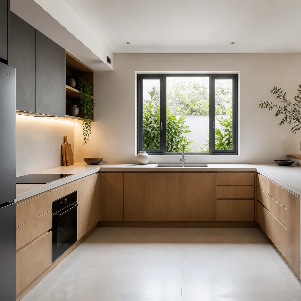 Thiết kế bếp chữ U hiện đại cho nhà ống