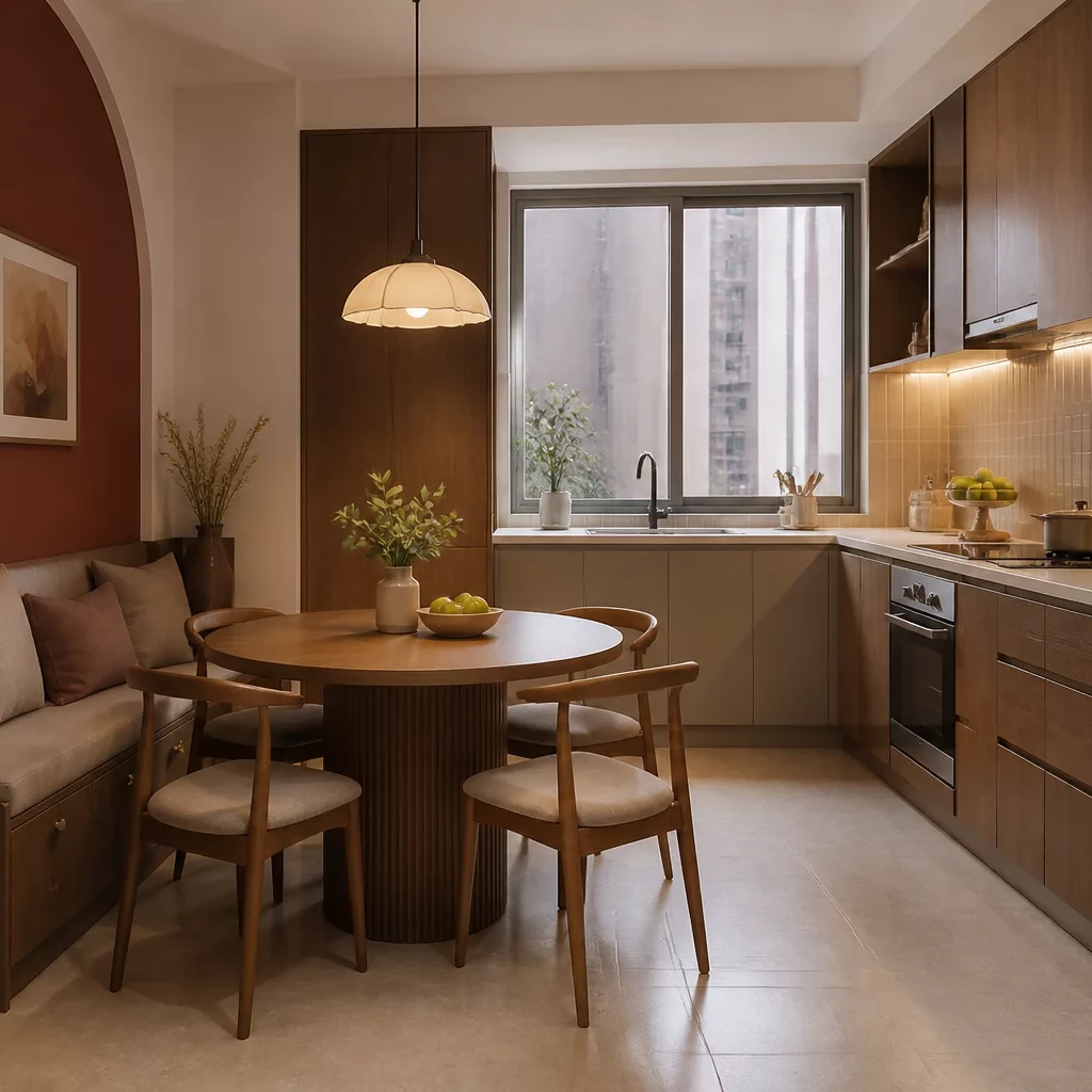 Phong cách thiết kế nội thất chung cư tối giản — sofa nâu và tủ gỗ âm tường