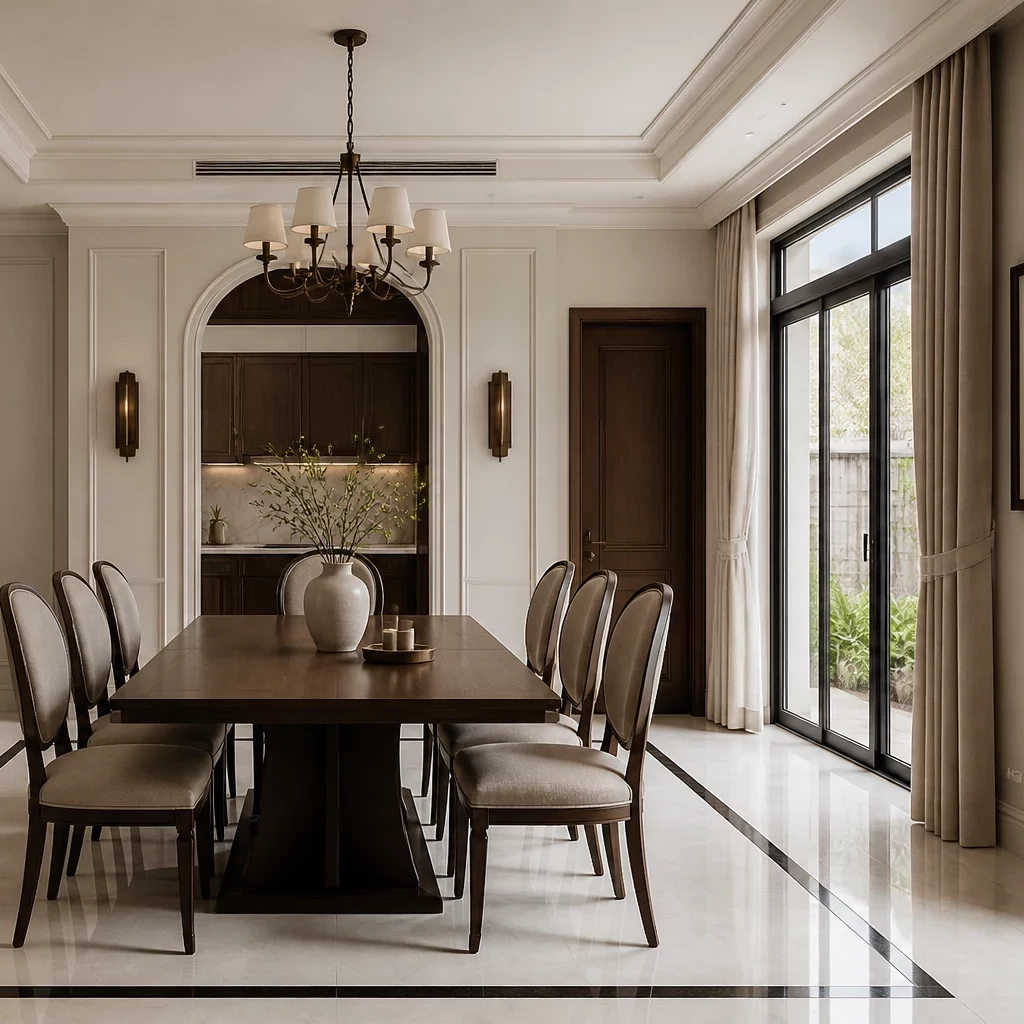Phong cách nội thất chung cư cổ điển với đèn chùm và sofa trắng.
