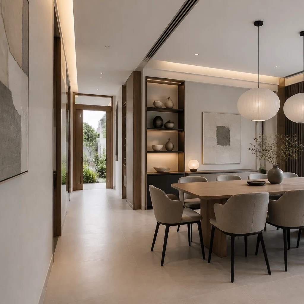 Phong cách nội thất chung cư tối giản, sofa gỗ và rèm trắng.