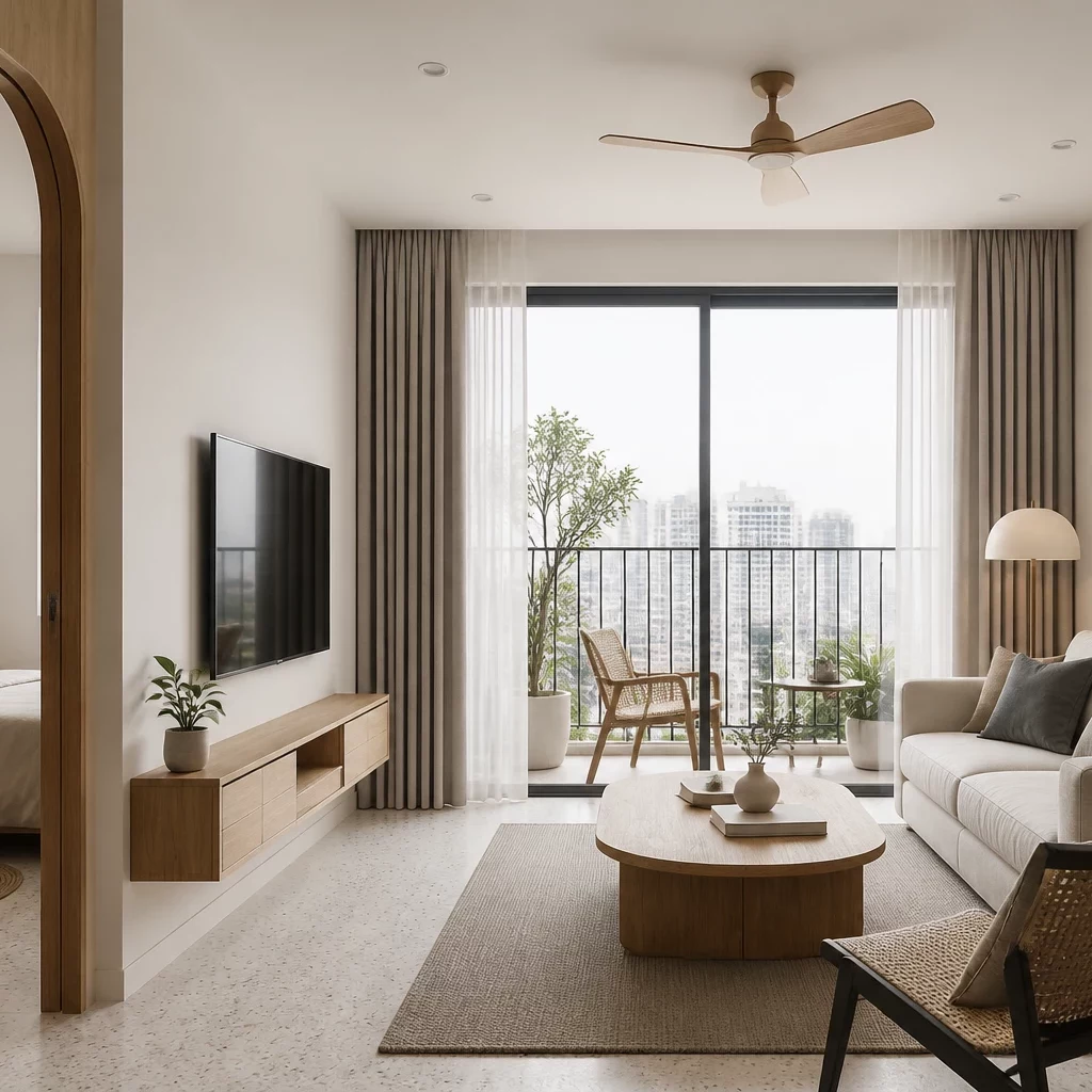 Phong cách thiết kế nội thất chung cư tối giản — bếp đá cẩm thạch và gỗ tự nhiên