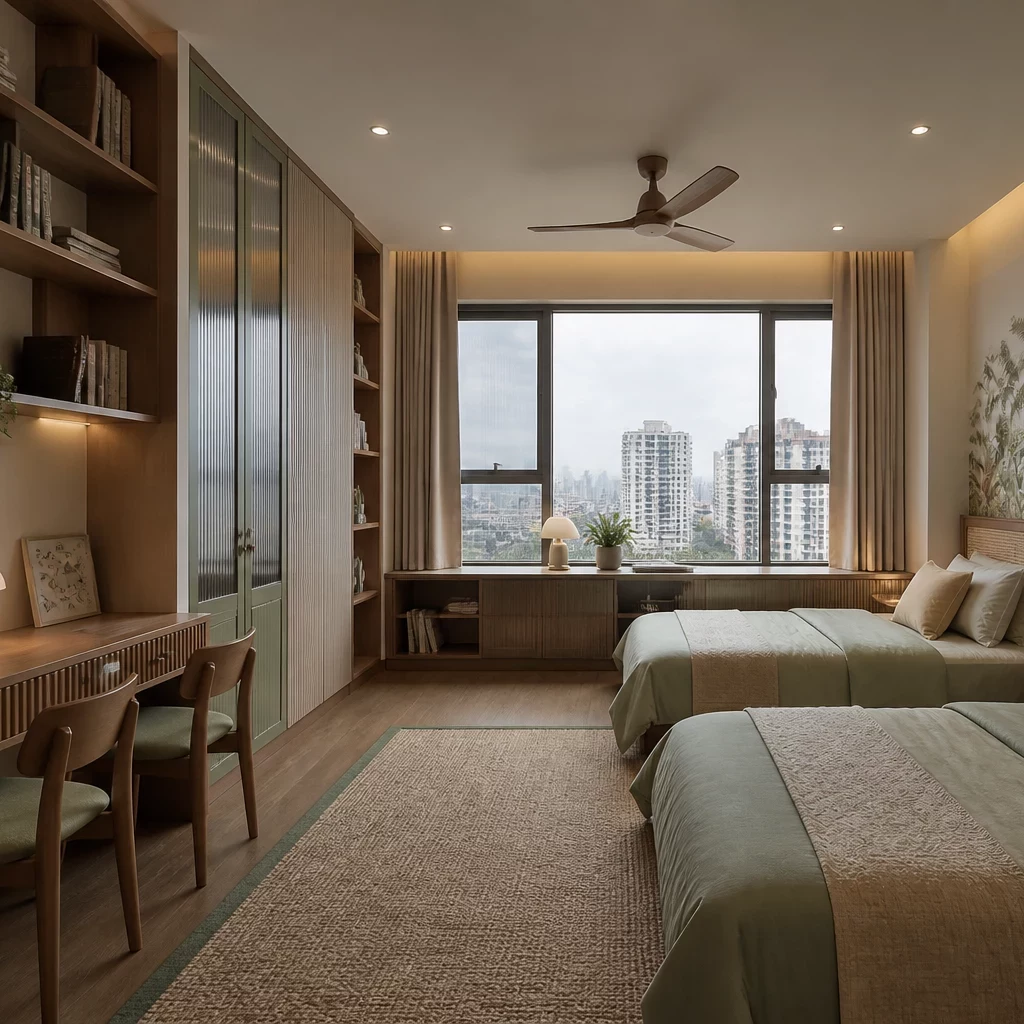 Phong cách nội thất chung cư: bếp gỗ tự nhiên view vườn hoa.