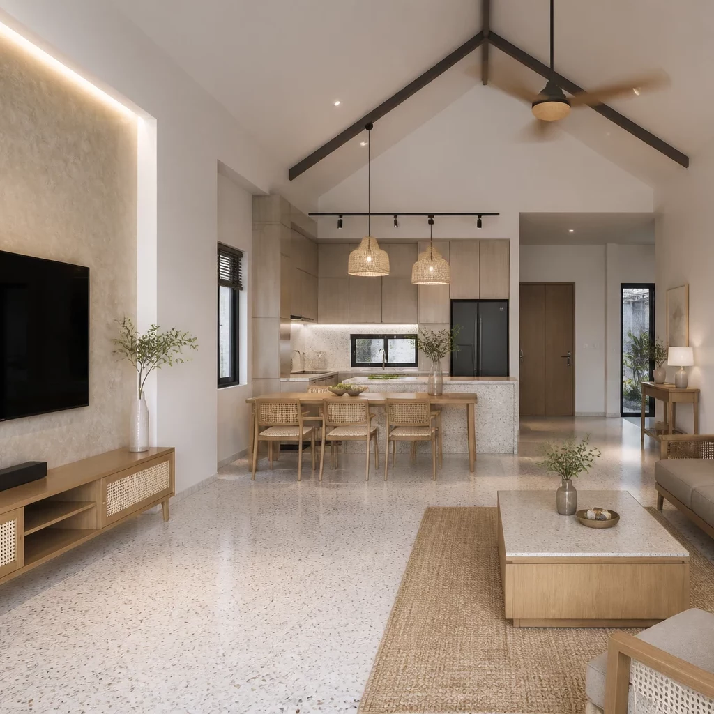 Phong cách thiết kế nội thất chung cư tối giản với sofa xám và đèn thả độc đáo