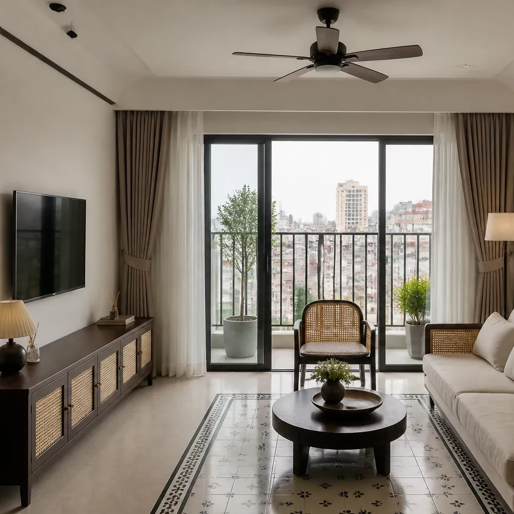 Phong cách nội thất chung cư: không gian phòng khách gỗ ấm cúng.