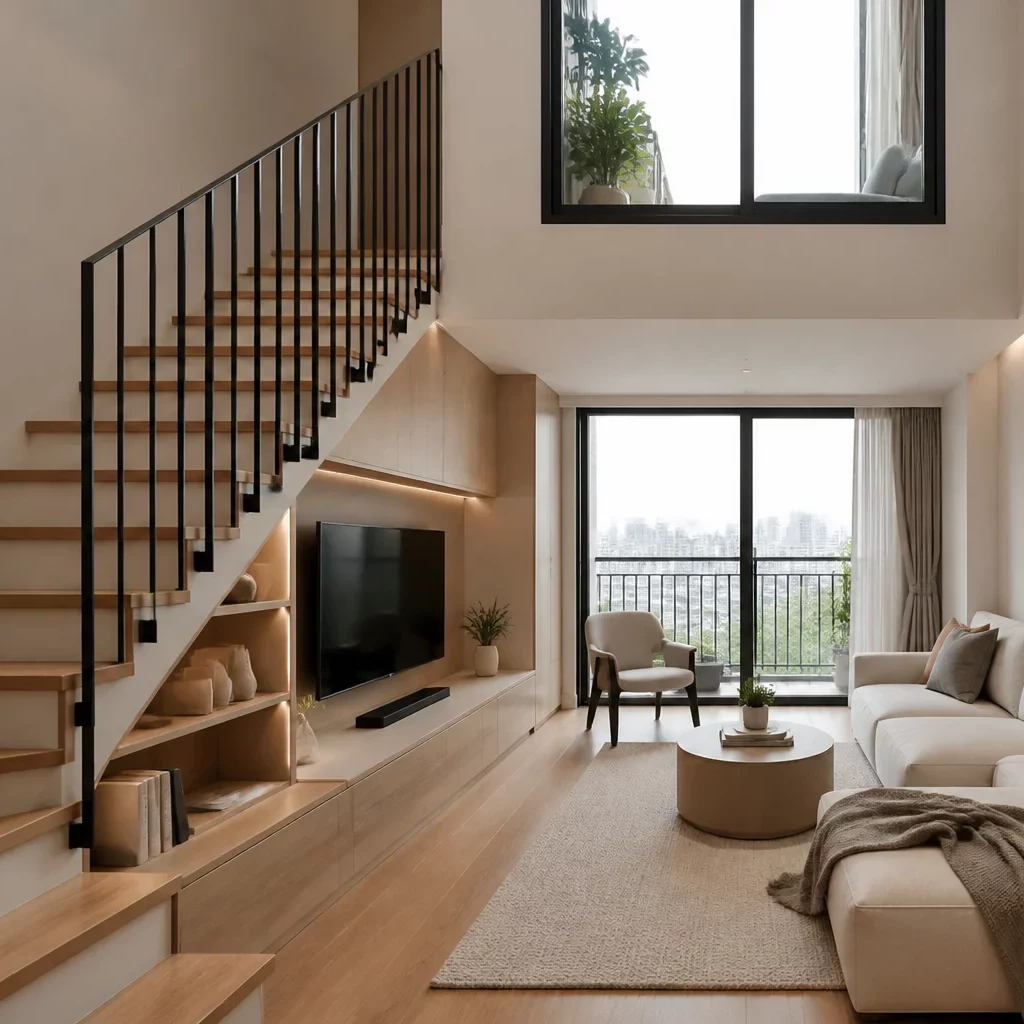 Phong cách thiết kế nội thất chung cư thanh lịch — sofa trắng và đèn vàng đồng