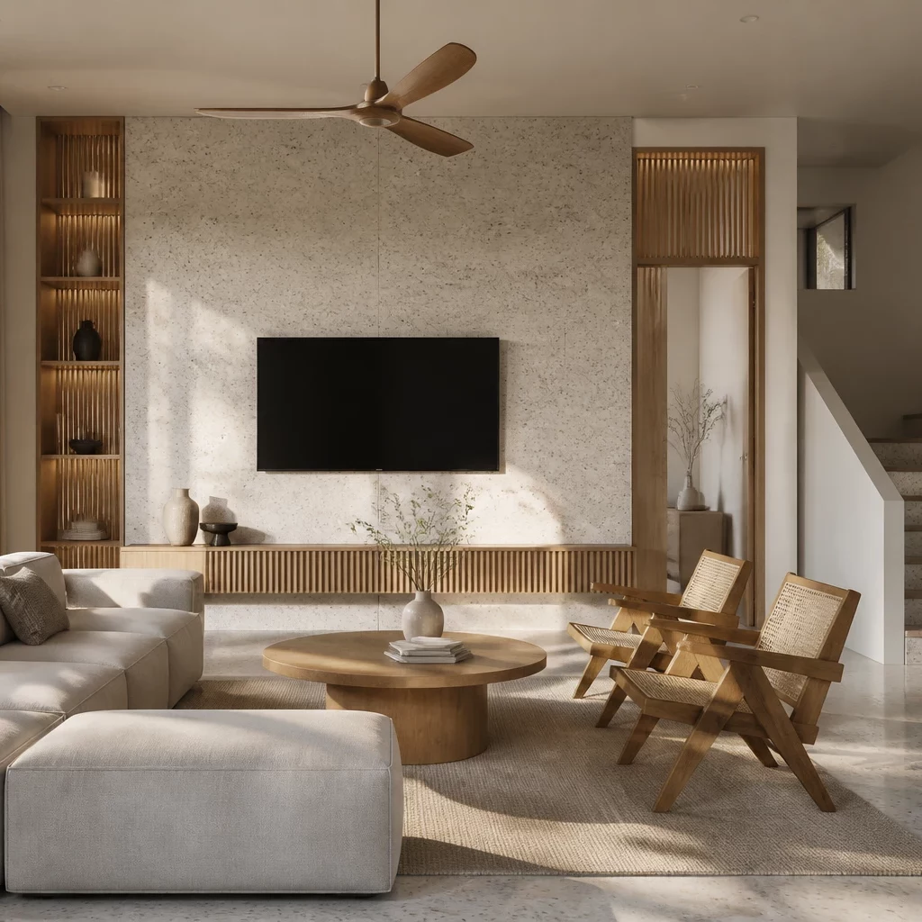 Nội thất phòng khách biệt thự tối giản với cây xanh