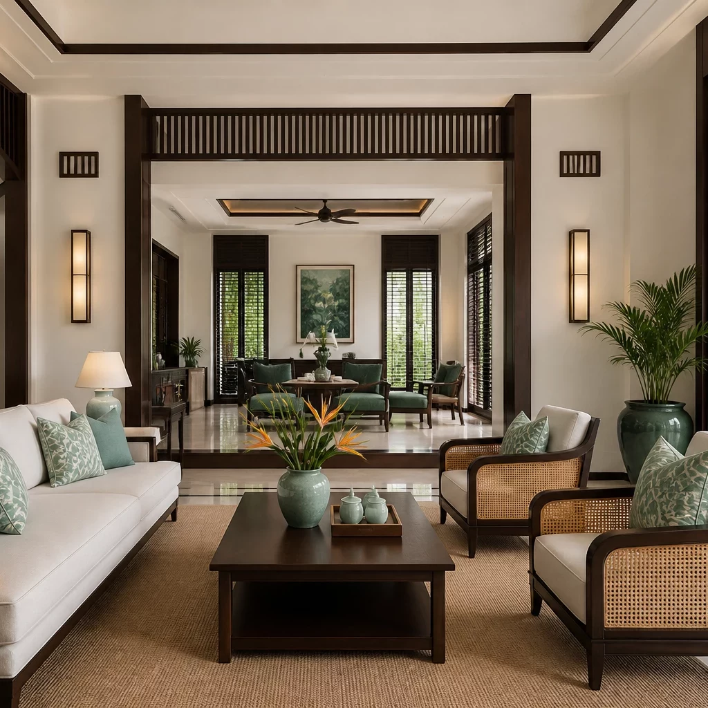 Nội thất phòng khách biệt thự phong cách Đông Dương
