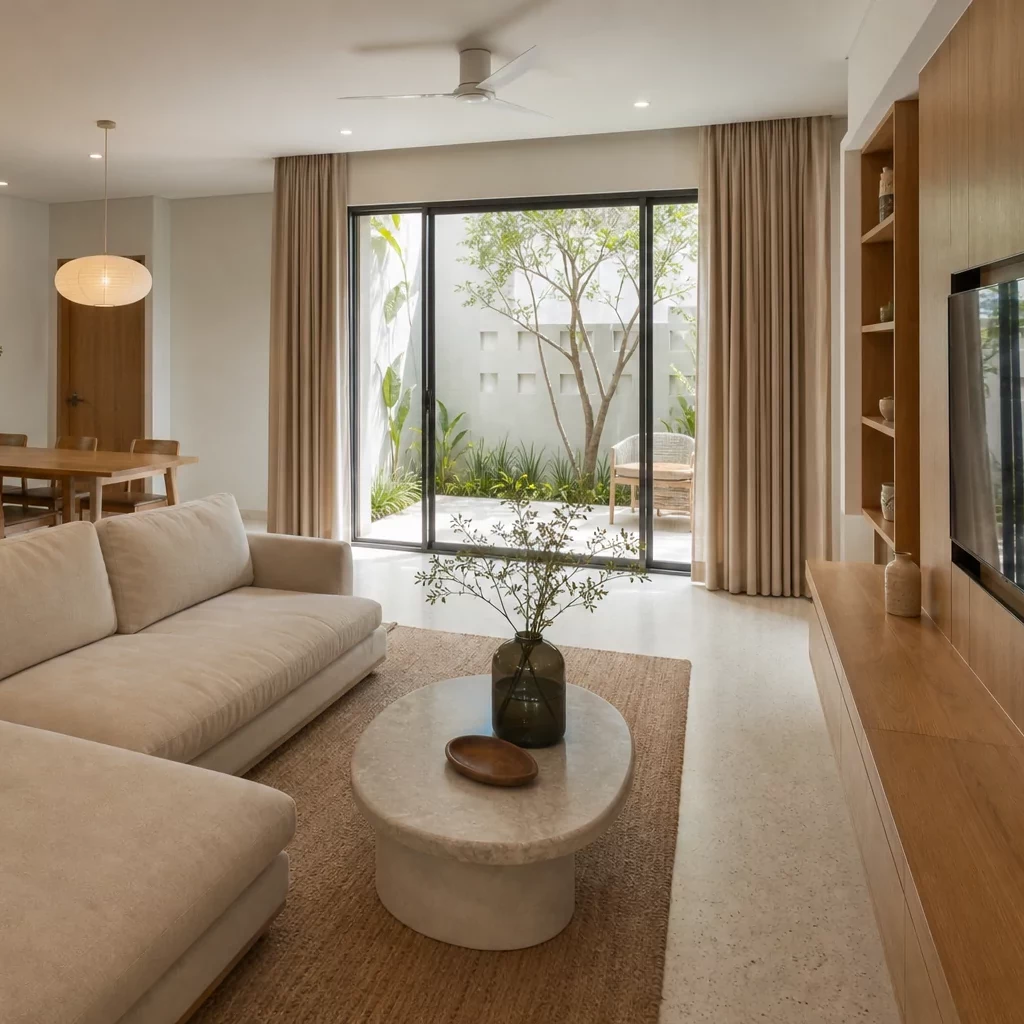 Mẫu phòng khách biệt thự đẹp view sân vườn thoáng đãng