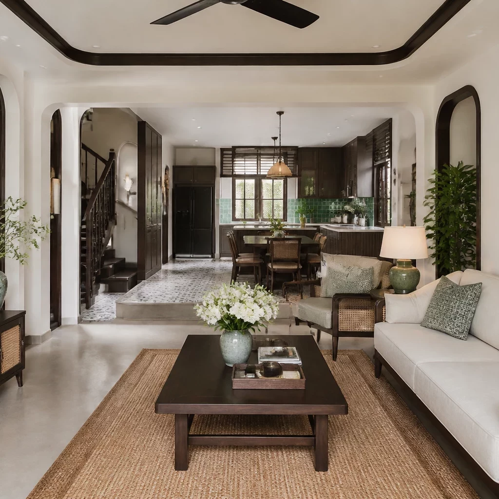 Phòng bếp liên thông phòng khách biệt thự đẹp phong cách Indochine