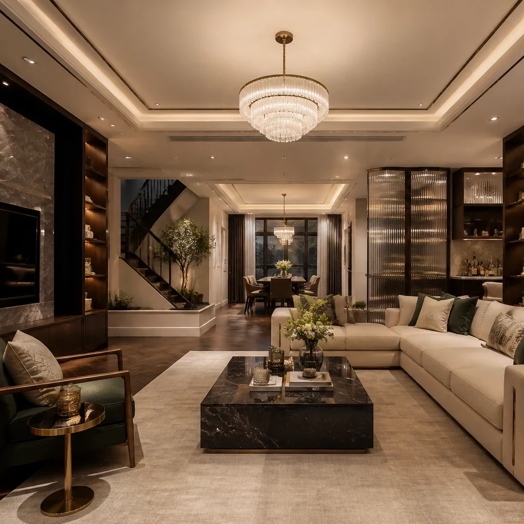 Thiết kế phòng khách biệt thự sang trọng với sofa da cao cấp
