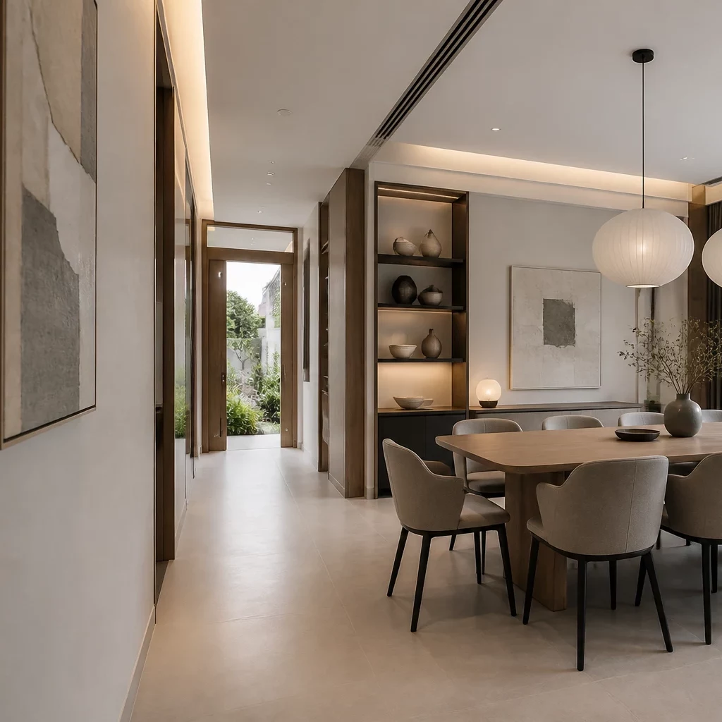 Phòng khách tối giản sang trọng với cây xanh